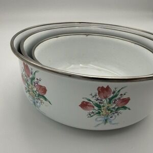 Vtg Metal Enamel Ware Nesting Mixing Bowls Set 3 Pink Floral MCM Cottage Shabby